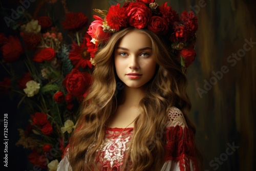 A woman with long hair wearing a flower crown. This image can be used for various purposes such as fashion, beauty, festivals, or bohemian-themed designs