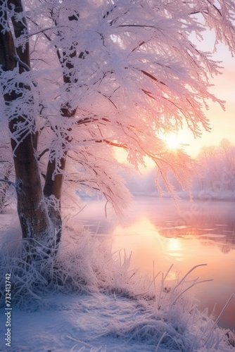 A beautiful sunset over a frozen lake. Perfect for winter landscapes and nature photography