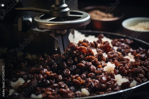 A close-up view of a pan filled with delicious food containing raisins.
