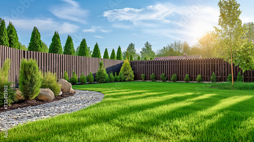 green grass lawn, plants and wooden fence in summer backyard patio © andreusK
