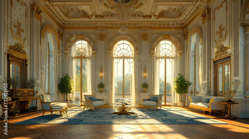 A German style living room with ornate gold details  large windows  and plush furniture.