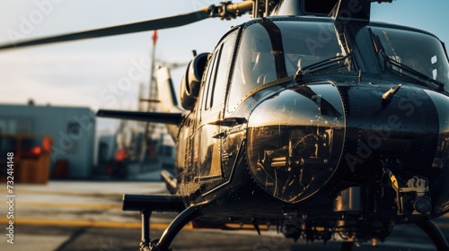 A detailed view of a helicopter parked on a runway. Suitable for aviation and transportation concepts