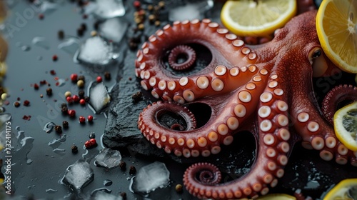 Fresh octopus tentacles on a dark slate with ice and lemon slices, ideal for seafood cuisine. culinary delicacy close-up. AI