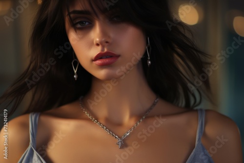 A woman wearing a necklace and earrings. Suitable for fashion and jewelry-related projects