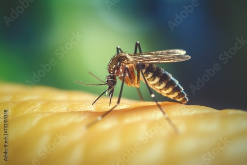 A detailed view of a mosquito perched on a piece of fruit. Perfect for illustrating insect behavior and the importance of hygiene in food preparation