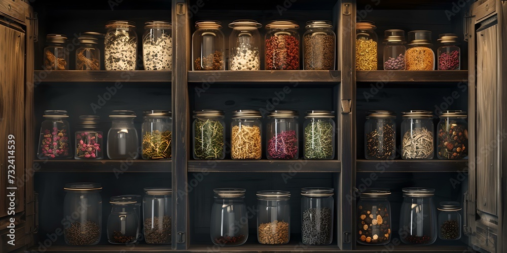 Rustic pantry shelves stocked with colorful jars of preserved food. home canning lifestyle. vintage kitchen decor. AI