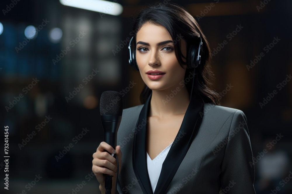 A woman is holding a microphone while wearing headphones. Perfect for music recording, podcasting, or broadcasting A woman is holding a microphone while wearing headphones. Perfect for music recording, podcasting, or broadcasting