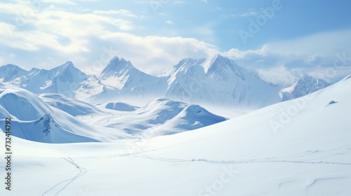 A picturesque snow-covered mountain with visible tracks in the snow. This image can be used to depict winter landscapes or outdoor activities in snowy regions photo