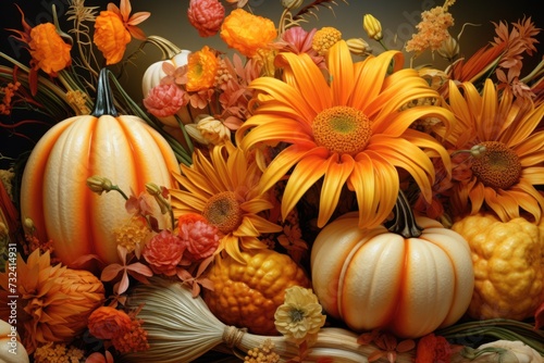 A bunch of pumpkins and flowers arranged in a vase. Perfect for autumn-themed decorations