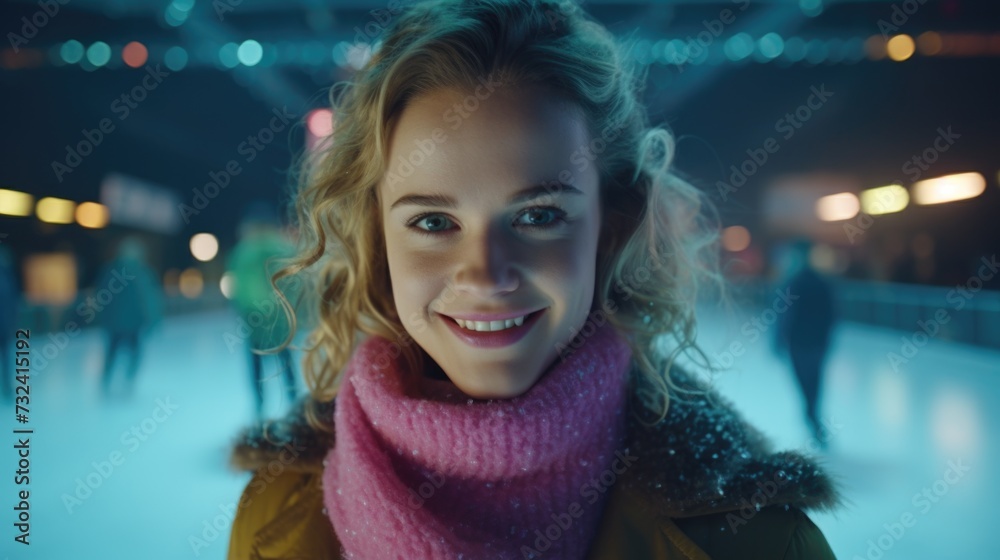 A woman wearing a pink scarf standing on a skating rink. Suitable for winter sports or outdoor activities