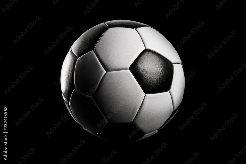 Black and white soccer ball on a black background. Suitable for sports and athletics-related designs