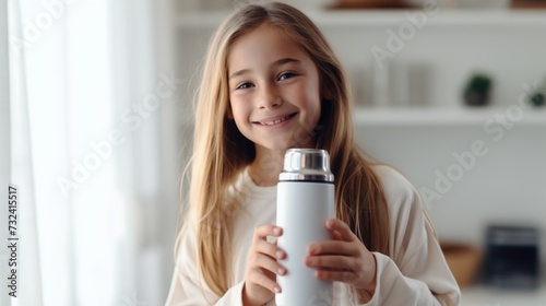 A young girl holding a water bottle in her hands. Perfect for promoting healthy hydration habits