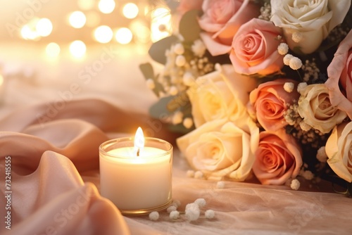 A lit candle sits next to a beautiful bouquet of flowers. Perfect for creating a romantic and cozy atmosphere.