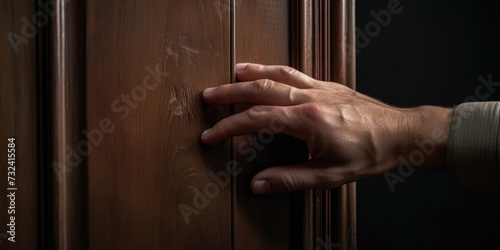 A person's hand resting on a wooden door. Can be used to represent security, entrance, or anticipation
