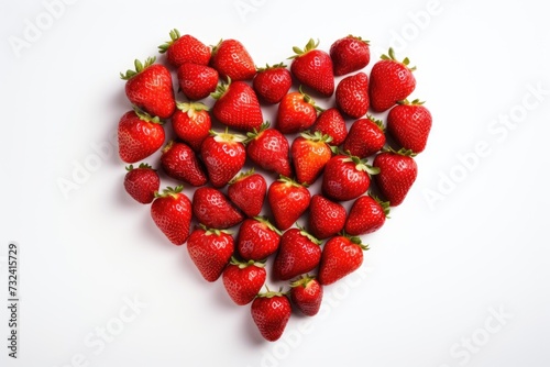 A heart made out of fresh strawberries placed on a clean white surface. Perfect for romantic occasions or food-related designs