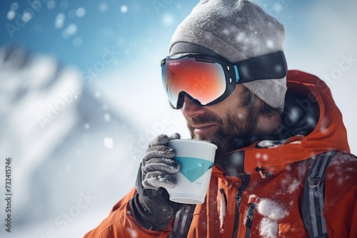 A man wearing an orange jacket holding a cup of coffee. Perfect for illustrating a cozy morning routine or enjoying a warm beverage in cold weather photo