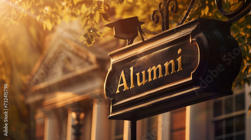 Alumni reunion concept image with sign alumni on college campus photo