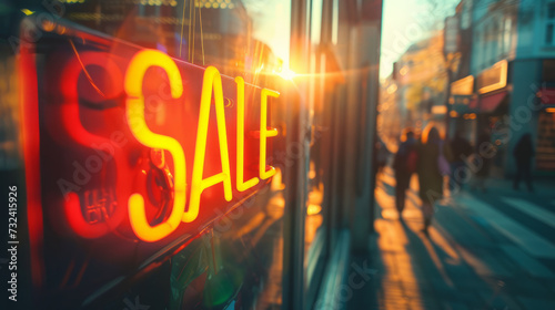 Sale concept image with a Sale sign in a shop window and people in street in background photo