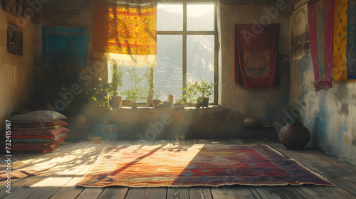 Cozy meditation Lhasa Tibetan Style room with a large window, a view of the mountains, colorful pillows on the floor, and a rug.  photo