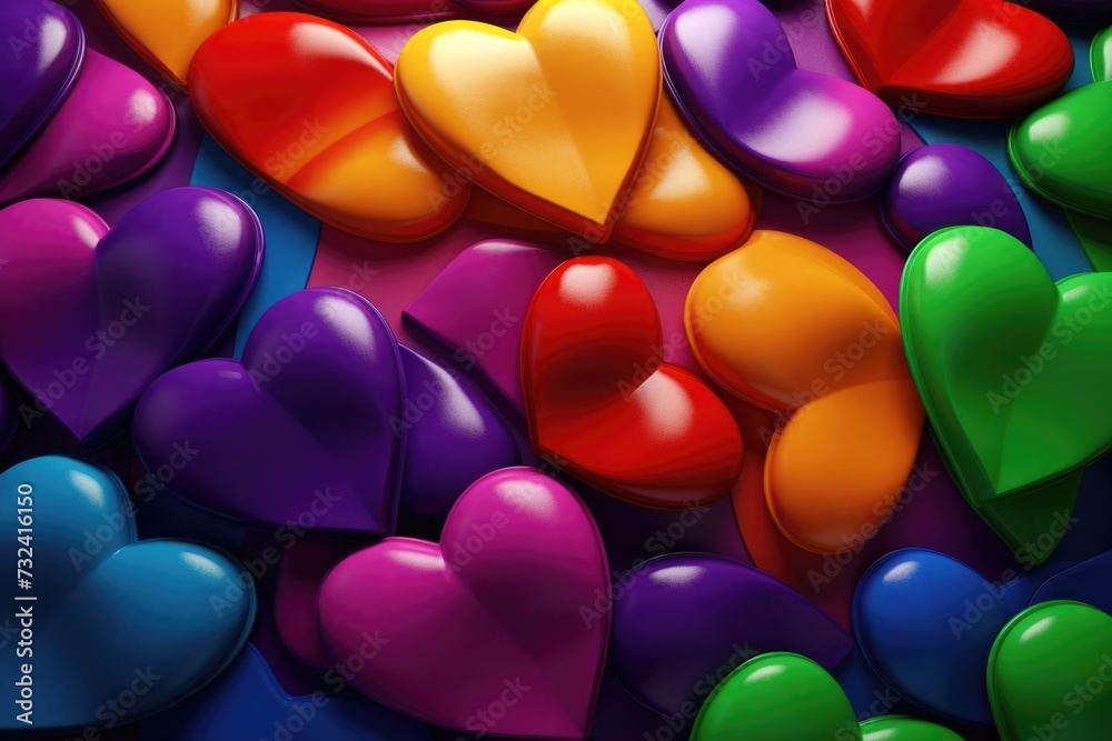 A collection of vibrant, multicolored hearts arranged on a calming blue background.