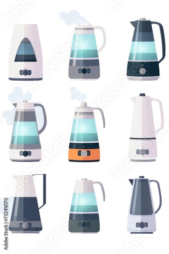 A collection of electric kettles in different designs and colors. Ideal for use in kitchen-related articles and advertisements