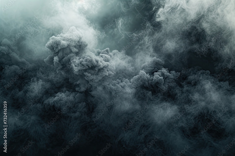 Fototapeta premium Dramatic and moody depiction of swirling fog storm clouds and rain mist against dark black background capturing intense and powerful essence of stormy weather