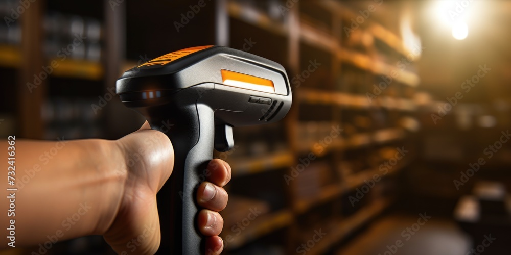 Hand holding a barcode scanner in a store. Can be used for inventory management or retail operations - obrazy, fototapety, plakaty 