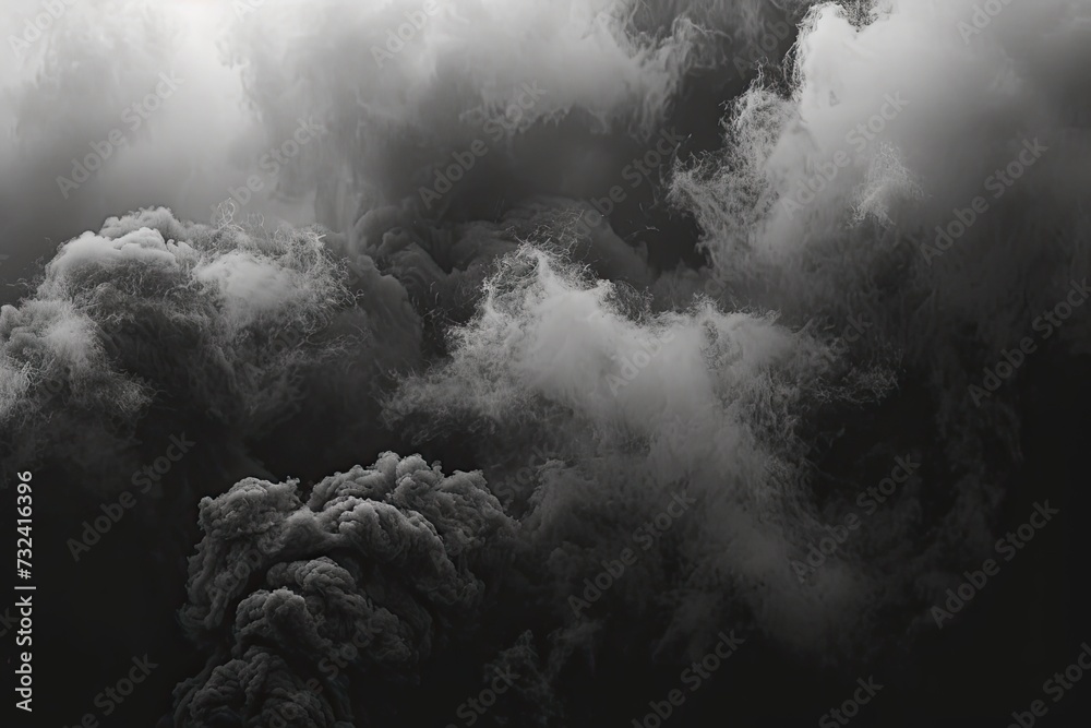 Dramatic and moody depiction of swirling fog storm clouds and rain mist against dark black background capturing intense and powerful essence of stormy weather - obrazy, fototapety, plakaty 