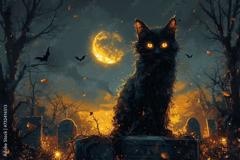 Halloween Night with a Feline Flare: A Black Cat with Glowing Eyes and a Bat-Filled Sky Generative AI Halloween Night with a Feline Flare: A Black Cat with Glowing Eyes and a Bat-Filled Sky Generative AI