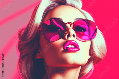 A woman wearing pink sunglasses against a pink background. This image can be used for fashion, summer, or trendy themes