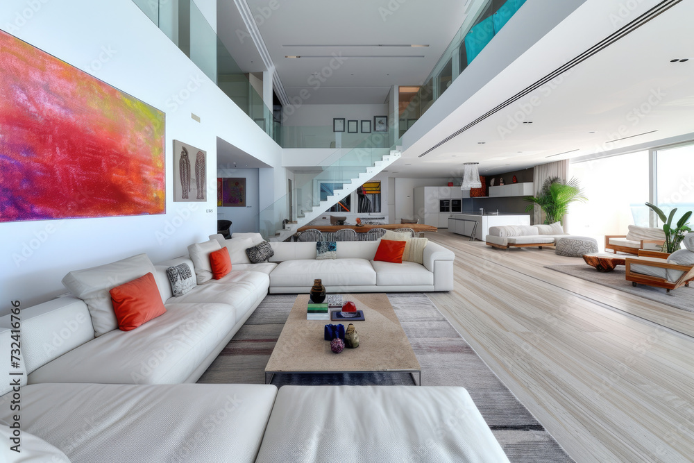 Light spacious living room with white and colorful interior