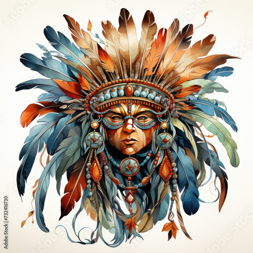 watercolor Native American Tribal Feather crown clipart, Generative Ai © creativeproartist
