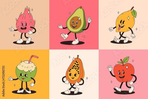 Fototapeta Naklejka Na Ścianę i Meble -  Retro groovy fruit characters. Big collection of funky happy mascots with happy smiling face.