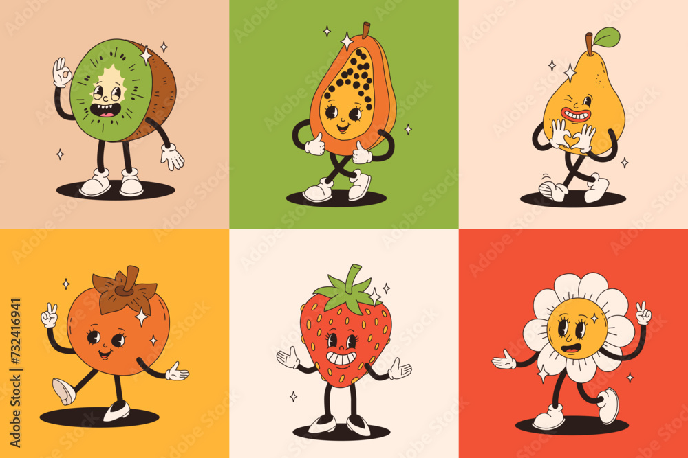 Retro groovy fruit characters. Big collection of funky happy mascots with happy smiling face.