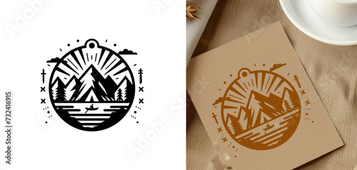 Mountain emblem logo with circle outline. adventure badge design. Mountains labels. Mountain Stamp. Mountaineering, climbing, hiking vector illustration. 