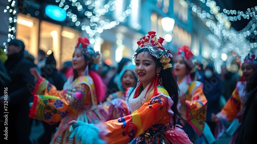 Vibrant street festival with dancers in traditional attire. cultural celebration, colorful costumes. festive atmosphere captured at dusk. AI