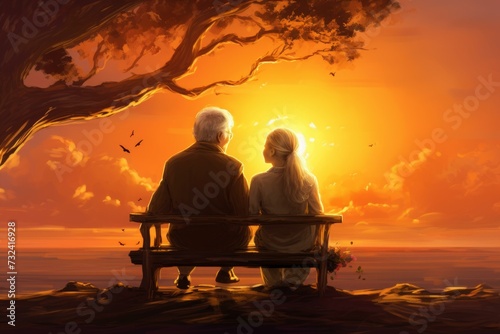 Serene Senior old couple sunset. Female active. Generate Ai