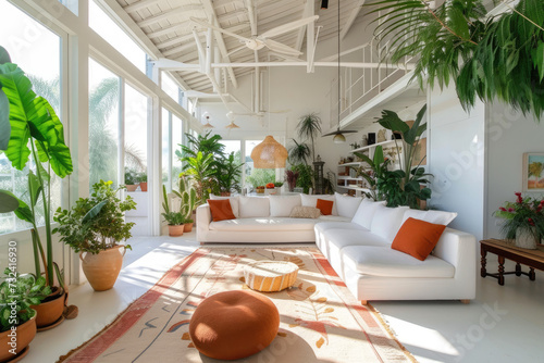 Light spacious living room with white and colorful interior, and many plants © Kien