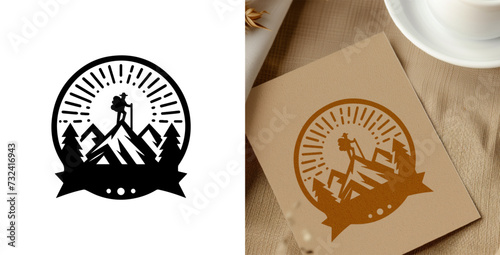 Hiking emblem logo with man silhoutte. adventure badge design. Mountains labels. Mountain Stamp. Mountaineering, climbing, hiking vector illustration. 
