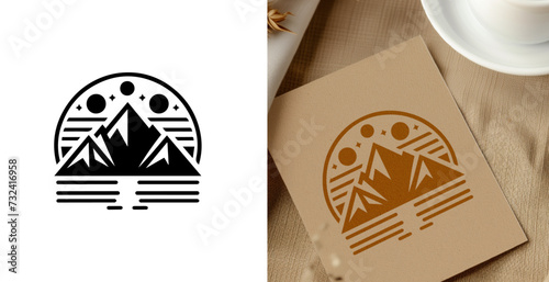Mountain emblem logo with half circular outline. adventure badge design. Mountains labels. Mountain Stamp. Mountaineering, climbing, hiking vector illustration. 