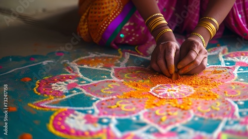 Traditional indian rangoli being created by artisan hands. vibrant cultural art form. decorative floor patterns in making. AI