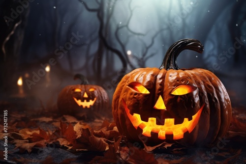 Two carved pumpkins with glowing faces in a dark forest. Perfect for Halloween decorations or spooky-themed projects