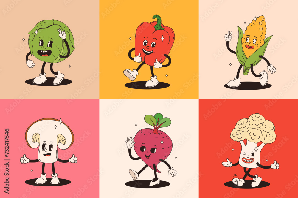 Obraz premium Funny vegetables retro cartoon characters sticker set. Modern label with cute comics characters. Hand drawn doodles of comic mascot. Set in modern cartoon style. 70s retro vibes.