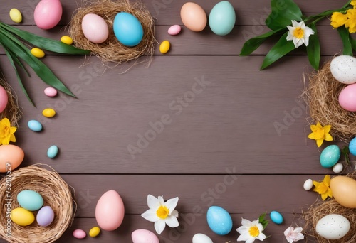 Top view of dark wooden background with decorated eggs, nest and chamomiles. Flat lay. Copy space. Concept of Easter and spring season holiday. Generative Ai