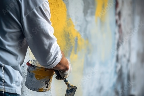 A man is painting a wall with a paintbrush. This image can be used for home improvement projects or professional painting services