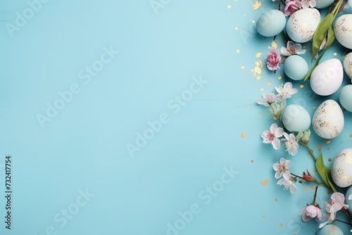 A vibrant blue background with colorful eggs and delicate flowers. Perfect for Easter or spring-themed designs