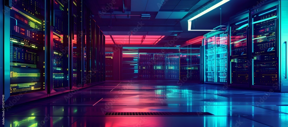 Futuristic data center with vibrant neon lights. server room in modern style. technology and connectivity concept. cybersecurity infrastructure. AI Futuristic data center with vibrant neon lights. server room in modern style. technology and connectivity concept. cybersecurity infrastructure. AI