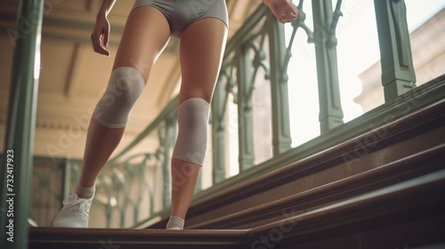 A woman in tights standing on a set of stairs. This image can be used to depict concepts such as fitness, fashion, elegance, or urban lifestyle