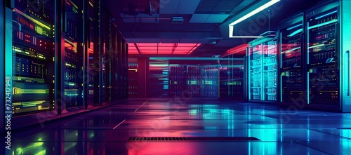 Futuristic data center with vibrant neon lights. server room in modern style. technology and connectivity concept. cybersecurity infrastructure. AI