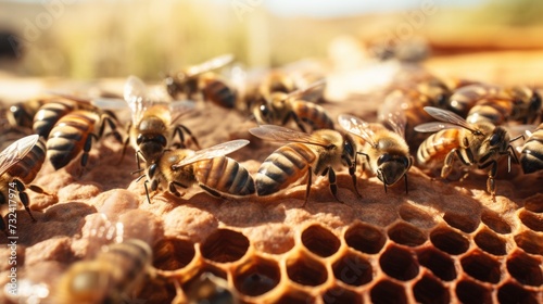 Bees sitting on top of a honeycomb, ready to produce honey. This image can be used to illustrate beekeeping, honey production, or the importance of bees in pollination